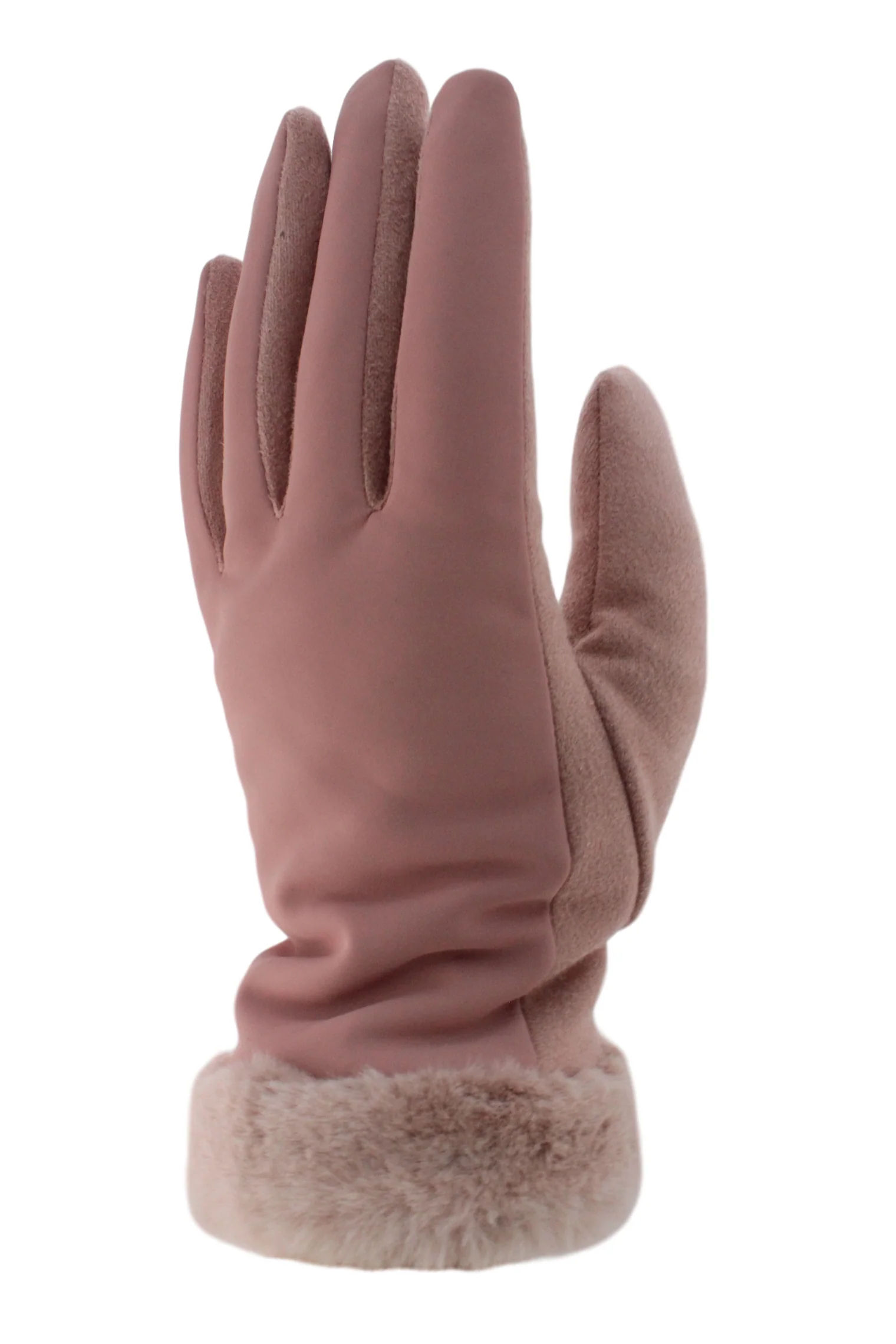 Nylon Back Microsuede Palm With Touch Function, Faux Fur Cuff Dusty Rose